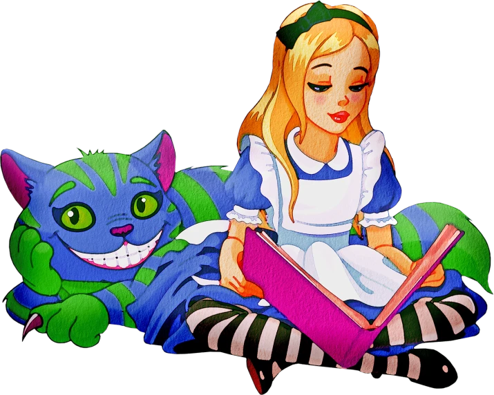 a woman sitting on top of a couch next to a cat, a storybook illustration, inspired by Alice Prin, tumblr, ¯_(ツ)_/¯, alice in wonderland 3 d, art nouveaux colored, banner