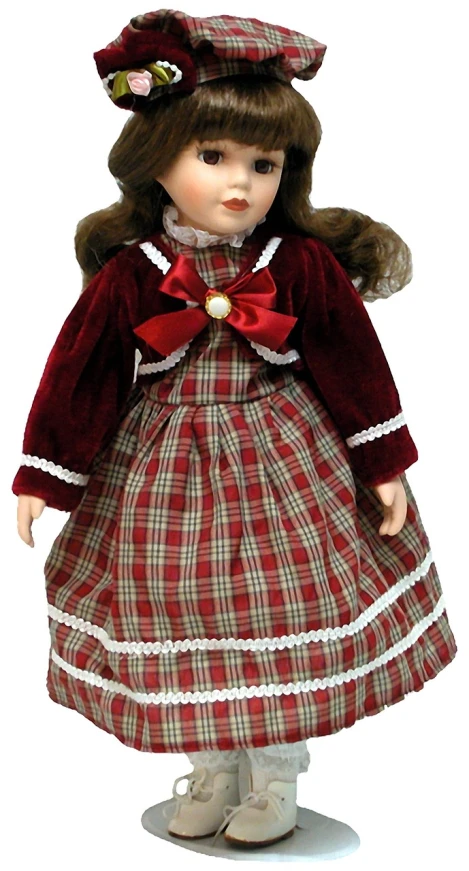 a close up of a doll wearing a dress and hat, cg society contest winner, wearing a red plaid dress, porcelain holly herndon statue, girl with brown hair, [ overhead view ]!!