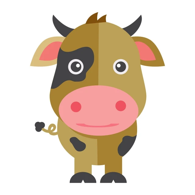 a brown and black cow standing in front of a white background, a cartoon, mingei, simple 2d flat design, dream animal cute eyes, yoshida, full of tar
