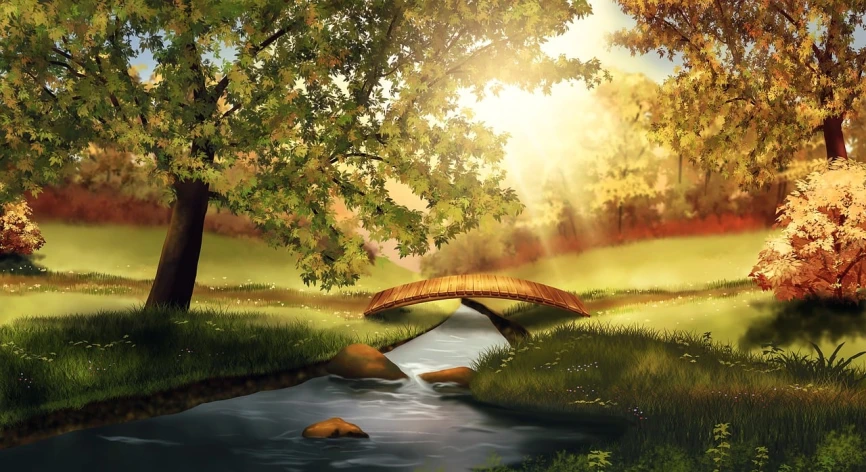 a painting of a bridge over a stream, deviantart, digital art, sunny park background, airbrush digital art, curved bridge, official artwork