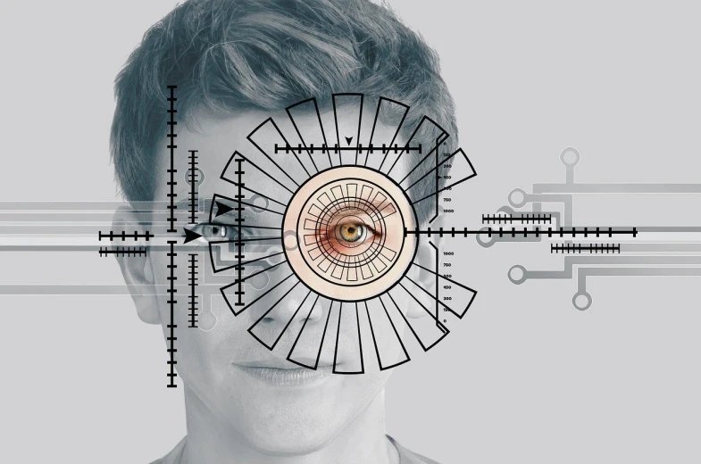 a close up of a person with a clock on their face, a digital rendering, shutterstock, bauhaus, eye implants, focus illustration, the vitruvian man style, sharp focus illustration