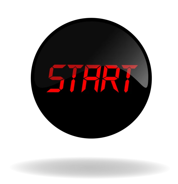 a digital clock with the word start on it, inspired by Otto Stark, digital art, first person shooter game hud, dome, black and red scheme, in a black empty studio hollow