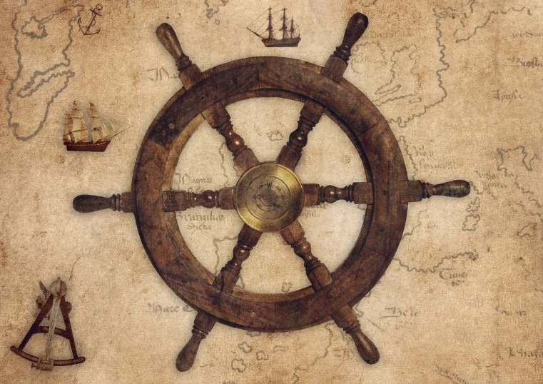 a ship wheel sitting on top of a map, shutterstock, romanticism, vintage - w 1 0 2 4, panel, boats, overhead view