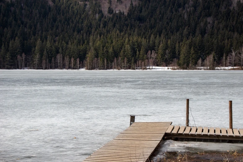 a dock sitting on top of a lake next to a forest, pexels, process art, icicle, ominous! landscape of north bend, very sparse detail, tourist photo