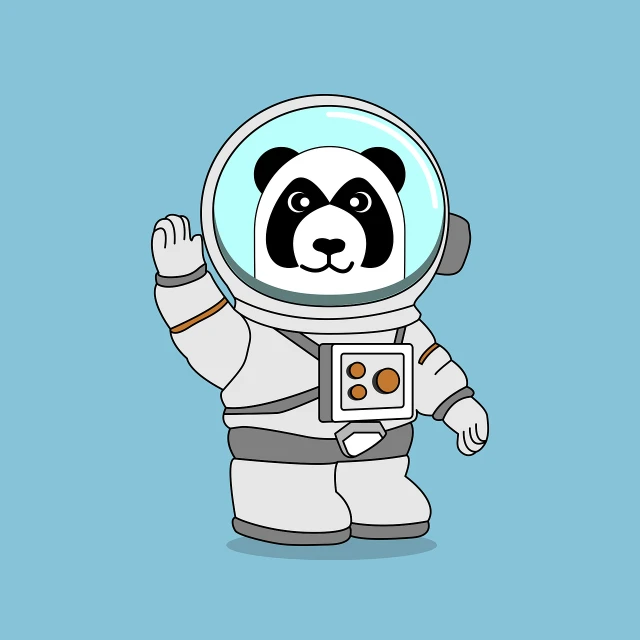 a panda bear in a space suit waving, vector art, inspired by Zhu Da, space art, cartoon style illustration, astronaut standing looking, beijing, silver