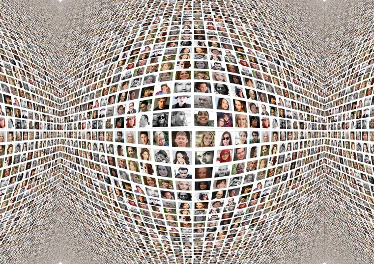 a sphere with many pictures of people in it, a stock photo, digital art, on flickr in 2007, within radiate connection, one famous person, wall of eyes