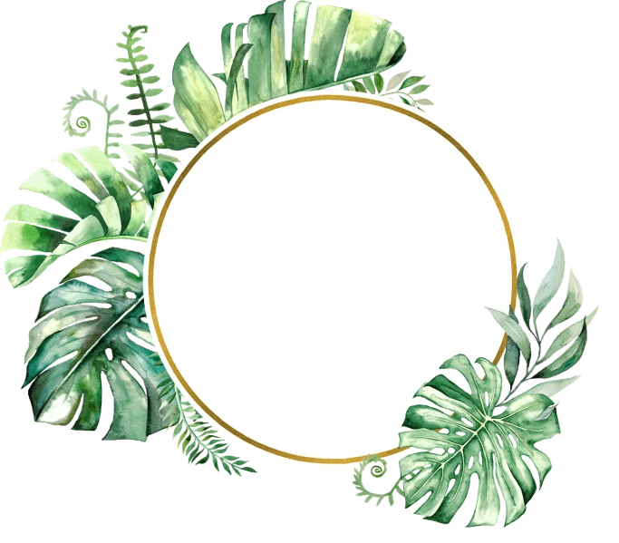 a round frame surrounded by tropical leaves on a black background, a picture, background image, jade, with a white background, high-end