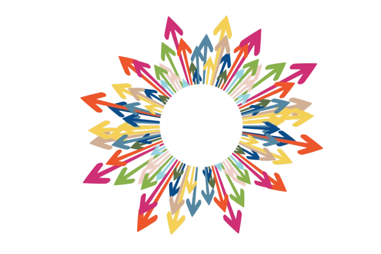 colorful arrows arranged in a circle on a black background, a digital rendering, flickr, toyism, midsommar, ring of fire, flower motif, sunny weather