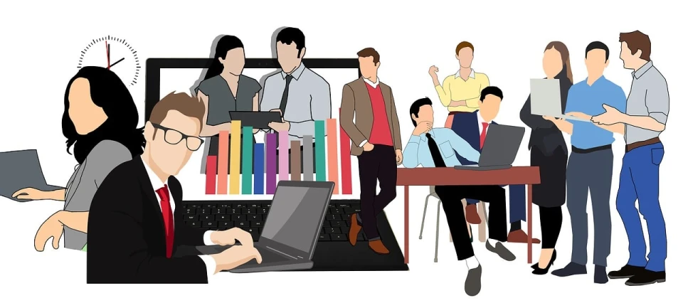 a group of people standing around a laptop, an illustration of, by Carey Morris, trending on pixabay, office cubicles, book library studying, sitting down, full - color