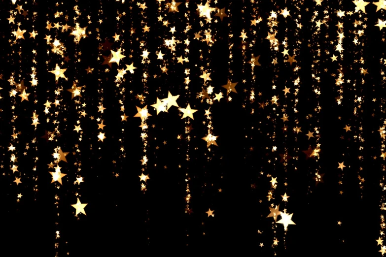 a bunch of gold stars on a black background, hurufiyya, dripping light drops, stars glittering in background, christmas lights, unknown artist