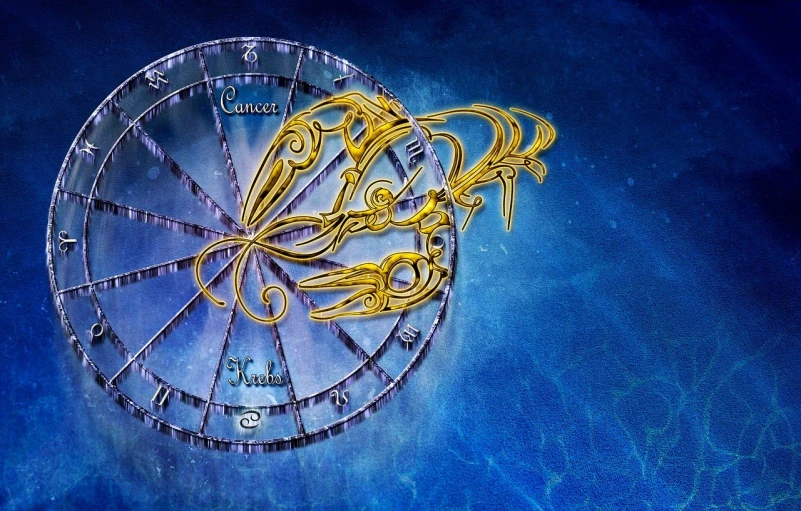 a close up of a gold clock on a blue background, a digital rendering, by Jeanna bauck, conceptual art, pisces, carnival background, key is on the center of image, clematis in the deep sea