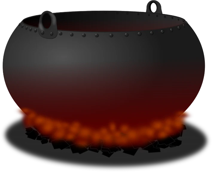 a black pot sitting on top of a stove, inspired by Shūbun Tenshō, polycount, conceptual art, clipart, ring of fire, red - black, iron smelting pits