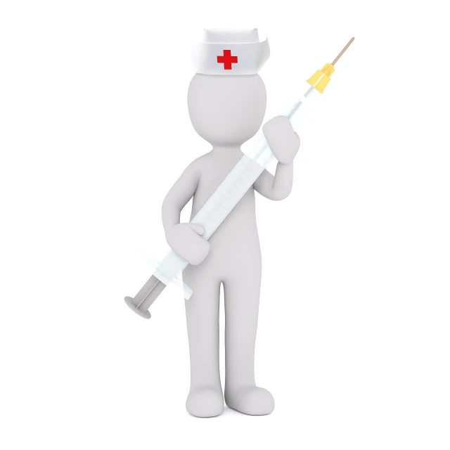 a person holding a syssor with a red cross on it, a picture, shutterstock, figuration libre, clean 3 d render, holding syringe, fully body photo