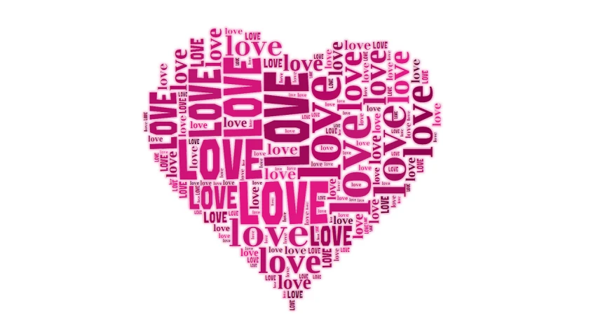 a word cloud in the shape of a heart, by Joe Bowler, magenta, white background”, dramatic”, love moive