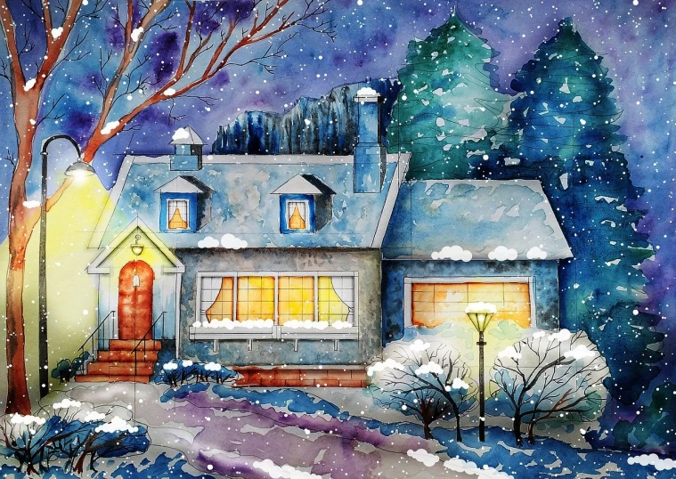 a painting of a house in the snow, a watercolor painting, by senior artist, shutterstock, nighttime scene, whole page illustration, mixed media style illustration, glossy painting