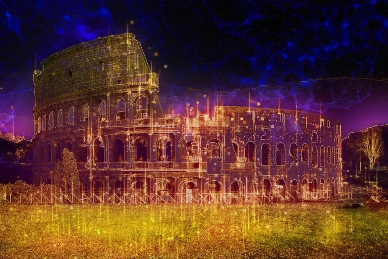 the collage of the collage of the collage of the collage of the collage of the collage of the collage of, digital art, by Daniel Chodowiecki, digital art, in the colosseum, glowing wires everywhere, point cloud, background megastructure