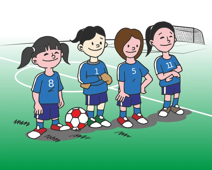 a group of children standing next to each other on a soccer field, a cartoon, shin hanga, lone female, portrait no. 1, blue clothes, illustration:.4