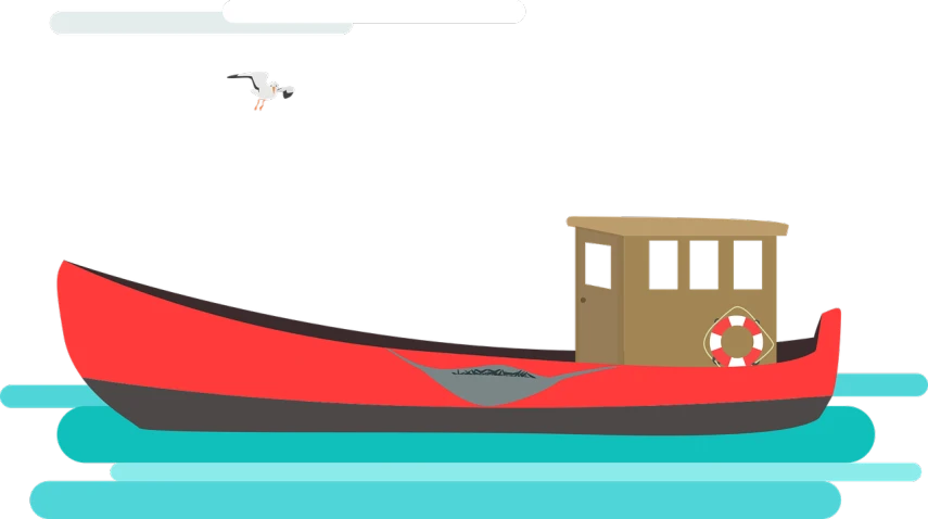 a red boat floating on top of a body of water, inspired by Josetsu, doing a kickflip over stairs, drawn in microsoft paint, seagull, noir animation