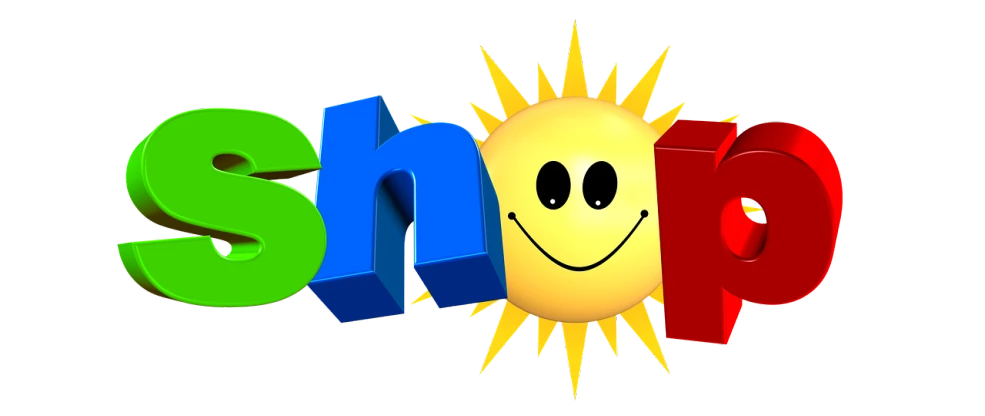 a picture of the word shop with a smiley face, a picture, toyism, having fun in the sun, clipart, thanshuhai, children's tv show