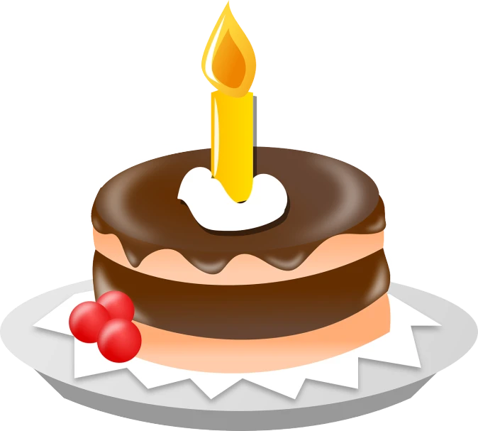 a chocolate cake with a candle on top of it, figuration libre, with a long, svg illustration, celebration, on a plate