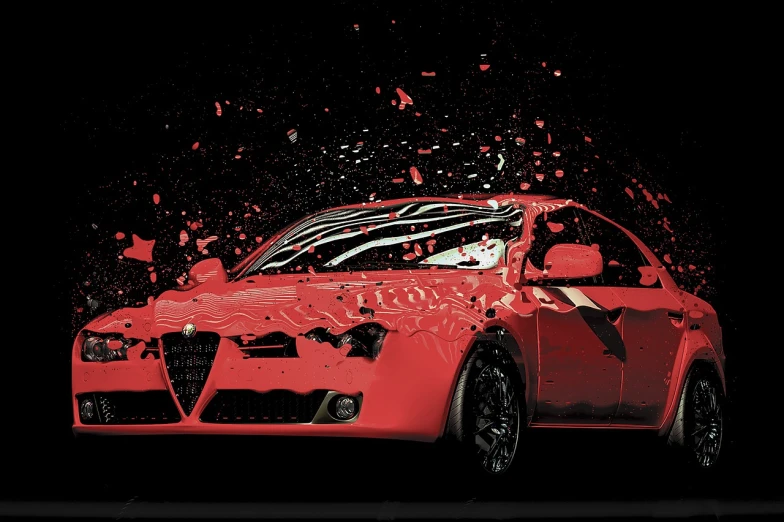 a red car is splattered with red paint, a digital rendering, inspired by Otto Eckmann, auto-destructive art, alfa romeo project car, amazing splashscreen artwork, high contrast chiaroscuro, 2011