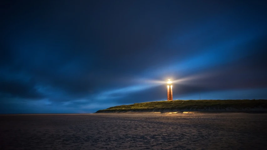 a lighthouse sitting on top of a sandy beach, a picture, by Eglon van der Neer, night photo, calm serene atmosphere, iso 1 0 0 wide view, in the morning light