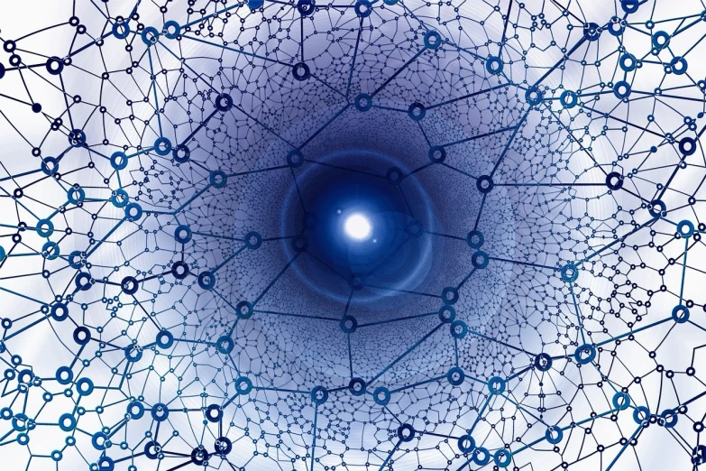 a blue sphere surrounded by lines and dots, digital art, shutterstock, radiolaria, singular light source from below, open portal to another dimension, mathematical interlocking