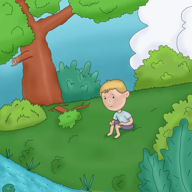 a boy sitting in the grass next to a tree, a storybook illustration, inspired by E.H. Shepard, deviantart contest winner, . background: jungle river, created in adobe illustrator, find the hidden object, standing in a pond
