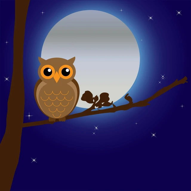 an owl sitting on a branch in front of a full moon, tarsier, sparrows, family photo, clipart