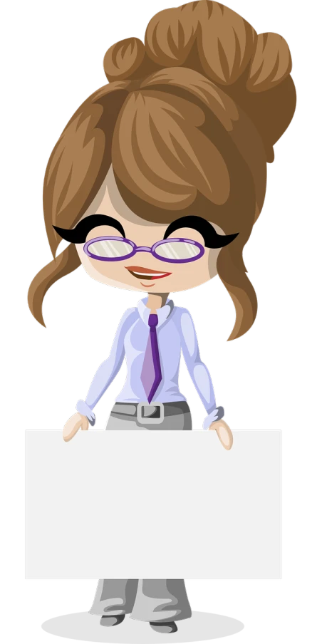 a cartoon girl with glasses holding a sign, a cartoon, inspired by Awataguchi Takamitsu, deviantart contest winner, digital art, female in office dress, without text, detailed screenshot, charicature