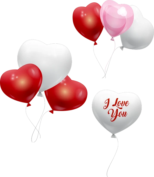 a bunch of red and white balloons with i love you written on them, vector art, shutterstock, romanticism, on black background, screenshots, 💋 💄 👠 👗, floating detailes