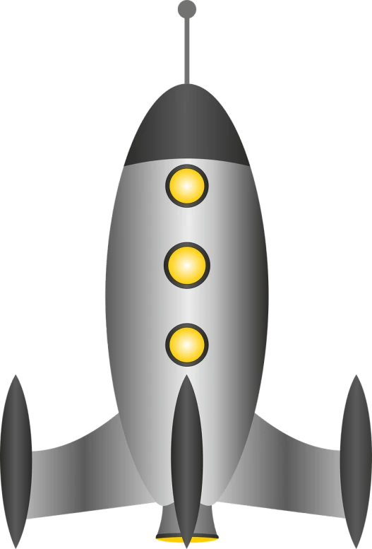 a silver and yellow rocket ship on a black background, space art, vectorized, medium closeup shot, aeroplane, torch