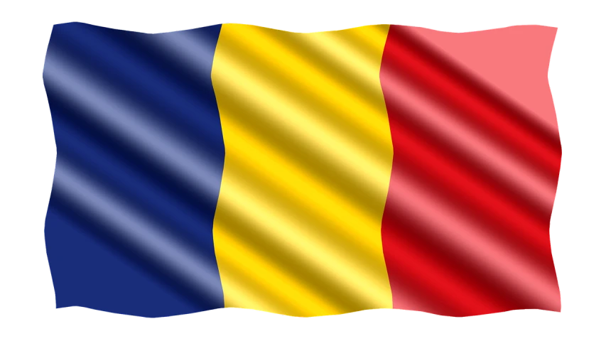 the flag of romania waving in the wind, a digital rendering, inspired by Ștefan Luchian, in black blue gold and red, lama, cherry, france