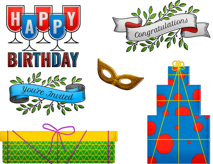 a bunch of happy birthday cards on a black background, a digital rendering, by Gwen Barnard, shutterstock, digital art, celebration costume, masks, ribbons, background image