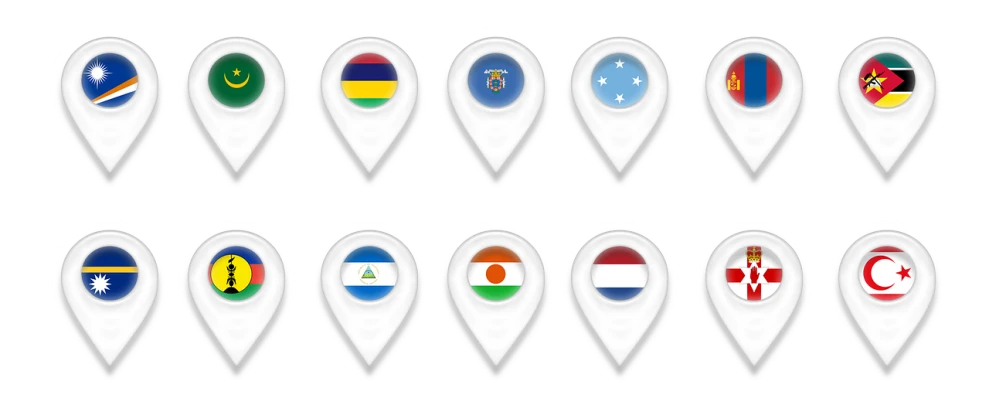 a number of pins with flags on them, digital art, by david rubín, regionalism, white, pochi iida, status icons, cone