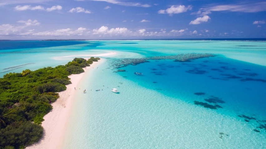 an aerial view of a beach in the middle of the ocean, by Julian Allen, shutterstock, maldives in background, light blue water, aruba, amazing wallpaper