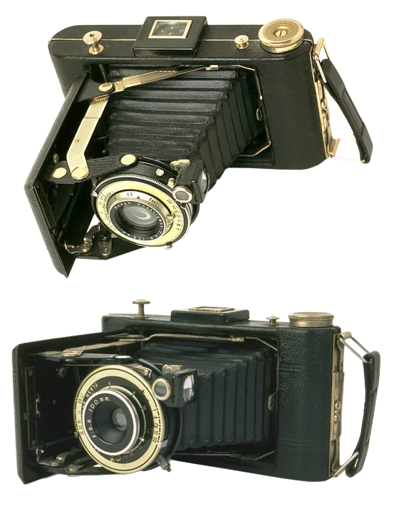 a couple of old cameras sitting next to each other, a portrait, by Józef Brandt, bauhaus, front back view and side view, folded, flapper, australian