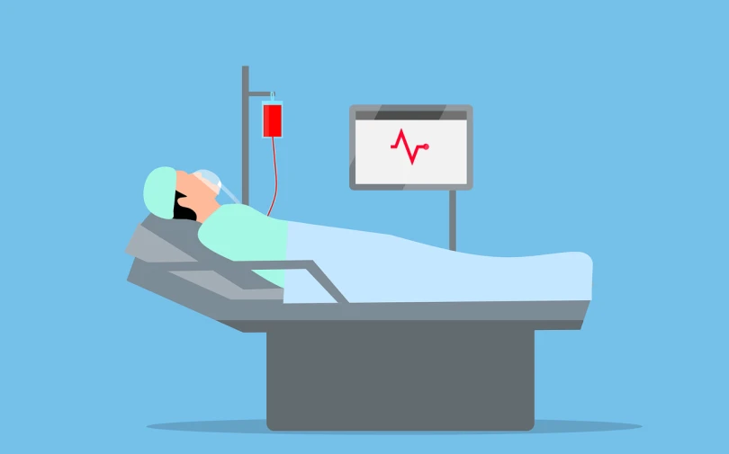 a man laying in a hospital bed next to a monitor, an illustration of, shutterstock, flat background, stock photo, bloodwave, modern technology