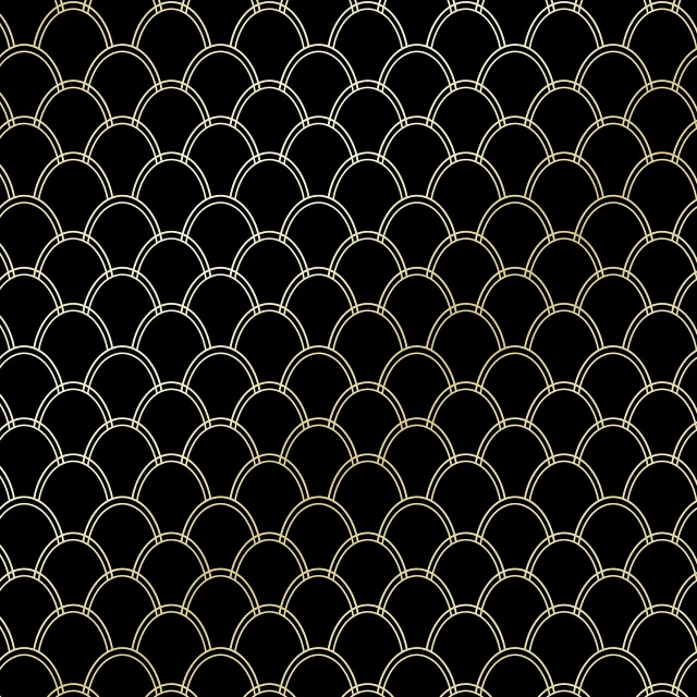 a gold fish scale pattern on a black background, a digital rendering, inspired by Katsushika Ōi, art deco, background of a golden ballroom, early 2 0 th century, circle, anime screenshot pattern