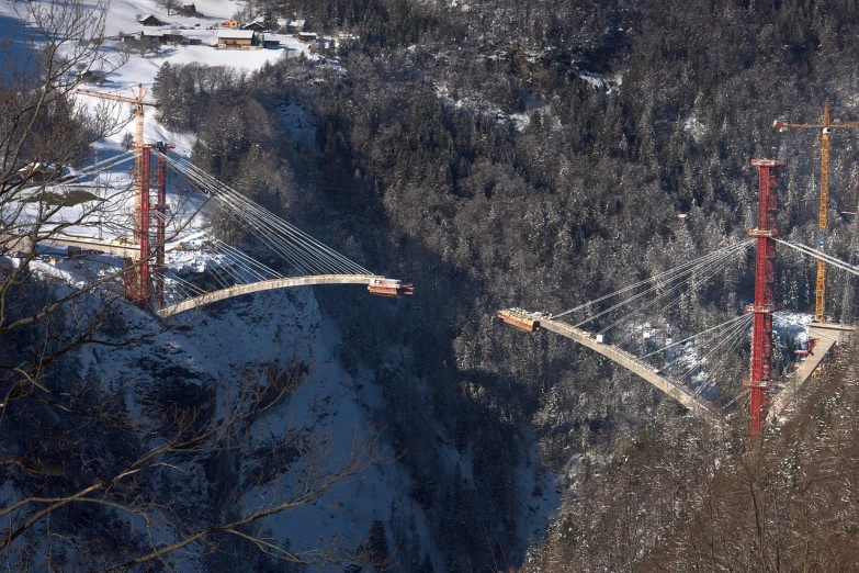 a train that is going over a bridge, by Franz Hegi, flickr, sōsaku hanga, stunning skied, as seen from the canopy, giorgetto giugiaro, crane