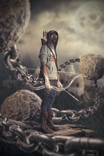 a man with a bow and arrow standing in the rain, cg society contest winner, ((chains)), photorealistic style, made with photoshop, high res render