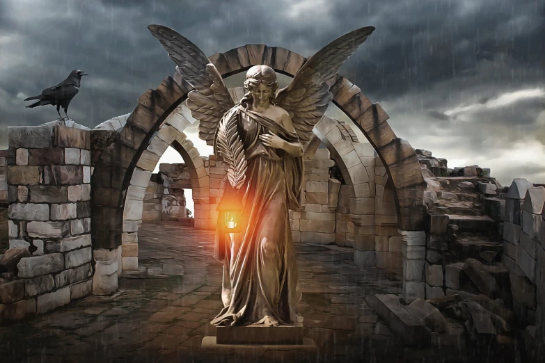 a statue of an angel holding a lantern, a statue, by Aleksander Gierymski, pixabay contest winner, gothic art, android girl in egyptian ruins, dramatic lighing, high quality fantasy stock photo, inside a tomb