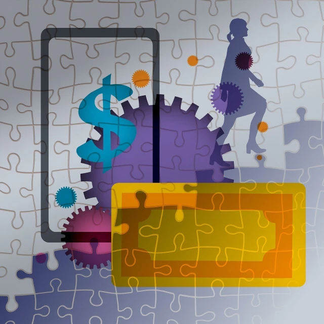 a piece of puzzle sitting on top of a table, a picture, digital art, corporate phone app icon, mechanisms, stylized silhouette, editorial illustration colorful