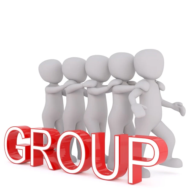 a group of people standing around the word group, a picture, 3d models, fluorescent, white background : 3, clubs