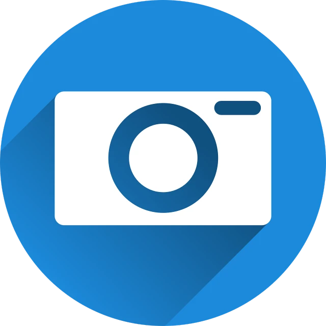 a camera with a long shadow on a blue circle, a picture, pixabay, icon, set photo, photo photo, avatar image