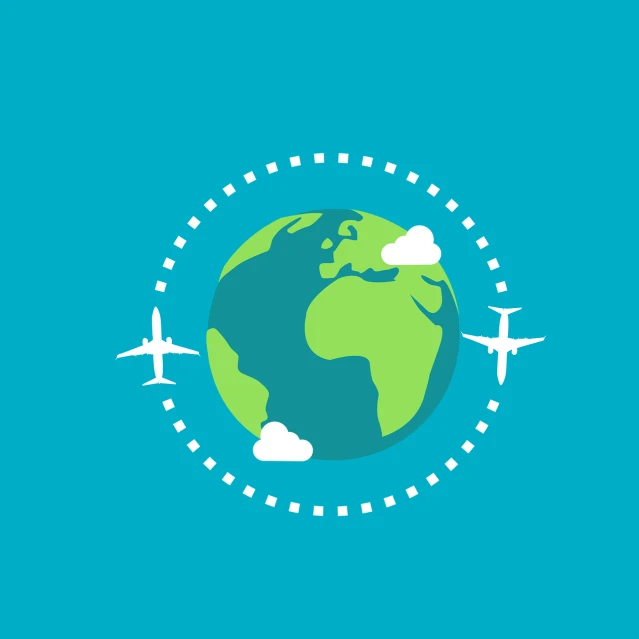 a picture of a plane flying around the earth, a picture, by Jennifer Bartlett, shutterstock, flat icon, green and blue color scheme, vector design, animation