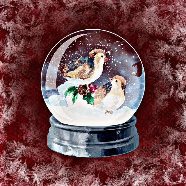 a snow globe with three birds inside of it, digital art, in the painting style of renoir, snowy winter christmas night, hyperrealistic sparrows, snapchat photo