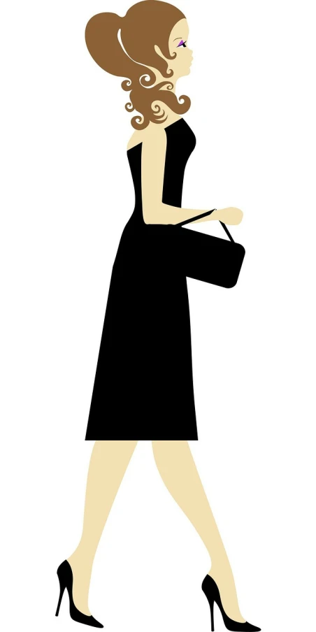 a woman in a black dress carrying a purse, a cartoon, trending on pixabay, modernism, very tall and slender, right hand side profile, aeon flux style, formal attire