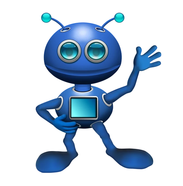 a blue robot holding a tablet computer, by Hiromitsu Takahashi, digital art, ant humanoid, on black background, adorable friendly robot, fully body photo