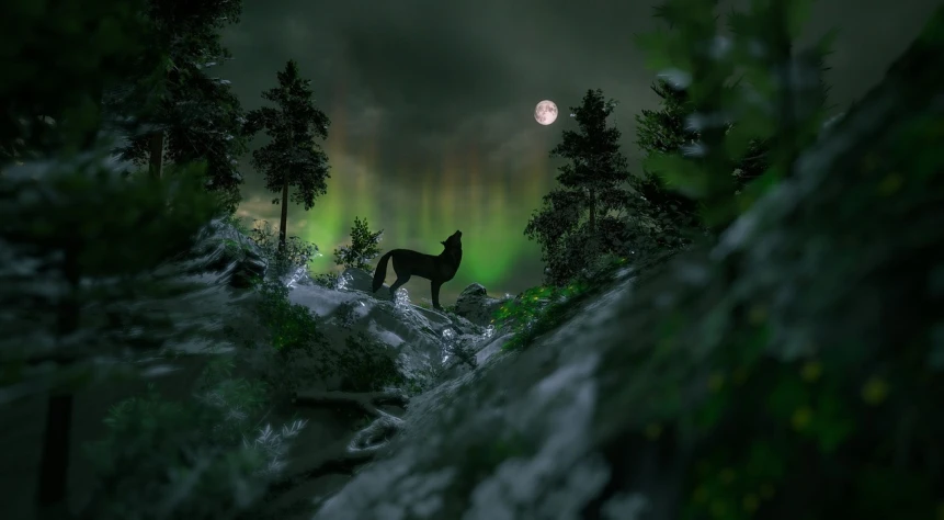 a wolf standing on top of a lush green forest, a matte painting, fantasy art, northern lights background, night photo, very dark with green lights, wolf in a snowfield